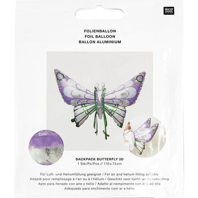 Folienballon Backpack Butterfly 3D, zum Umbinden, Lila/Grün, 1 Stk, 110 x 73 cm