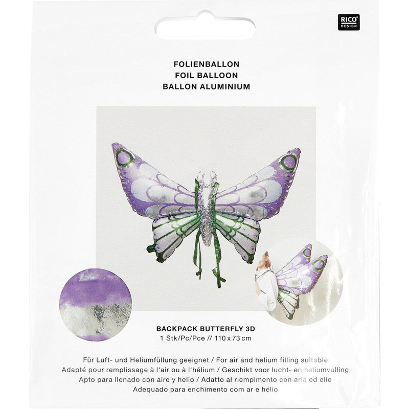 Folienballon Backpack Butterfly 3D, zum Umbinden, Lila/Grün, 1 Stk, 110 x 73 cm