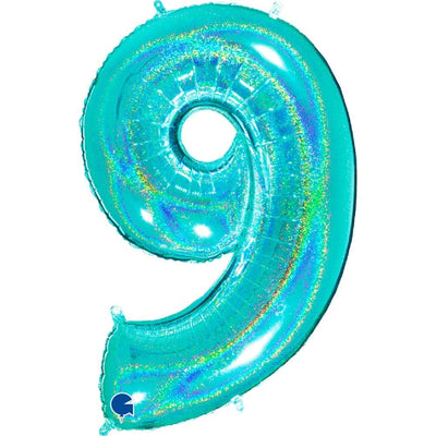 Zahlenballon 9 XXL  - Glitter Holographic Türkis | Boutique Ballooons