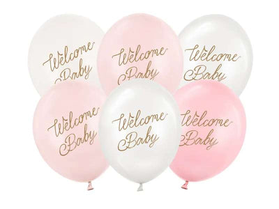 6 Motivballons - Ø 30cm - Welcome Baby - Rosa Mix