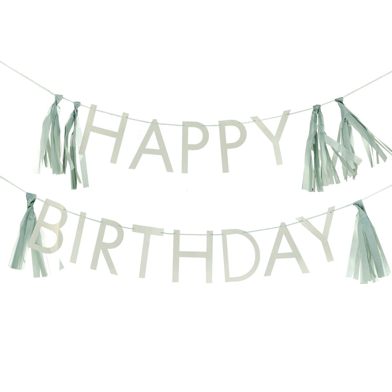 Salbeigrüne Happy Birthday Girlande mit Quasten-Dekoration | Boutique Ballooons
