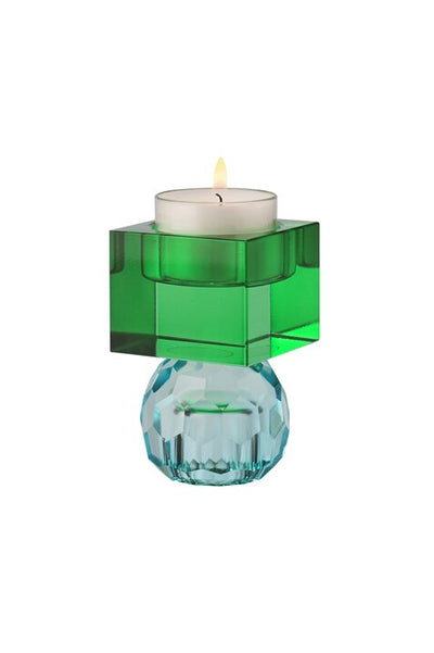 SARI, KRISTALLGLAS, KERZENHALTER/TEELICHTHALTER, KUGEL/CUBE, HELLBLAU/GRÜN, GS