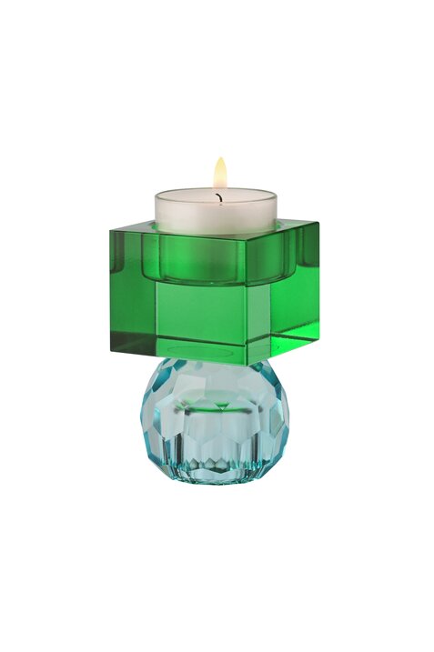 SARI, KRISTALLGLAS, KERZENHALTER/TEELICHTHALTER, KUGEL/CUBE, HELLBLAU/GRÜN, GS