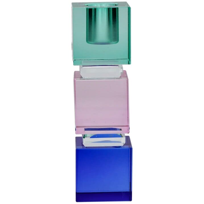 SARI, KRISTALLGLAS, KERZENHALTER H13,8CM, ECKIG, BLAU/ROSA/GRÜN, GS
