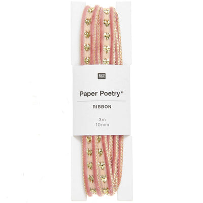 Glitzerband Samt, Herzen, Rosa, 10mm x 3m