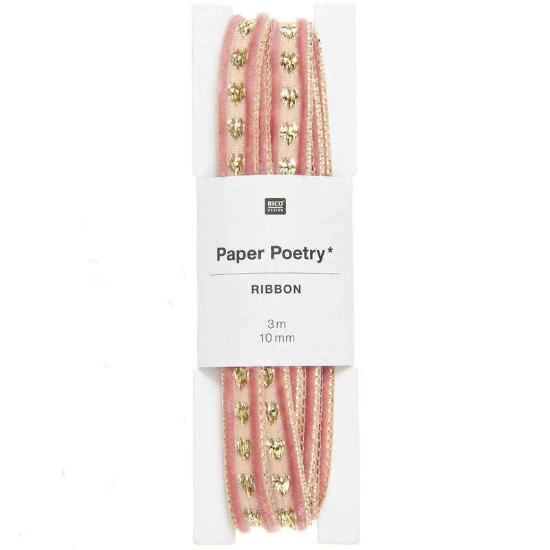 Glitzerband Samt, Herzen, Rosa, 10mm x 3m