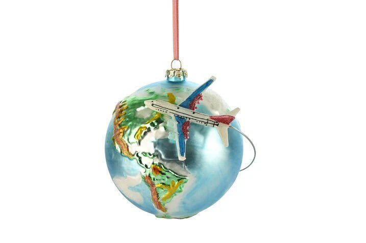 Hänger Weltkugel mit Flugzeug und Flugroute, blau