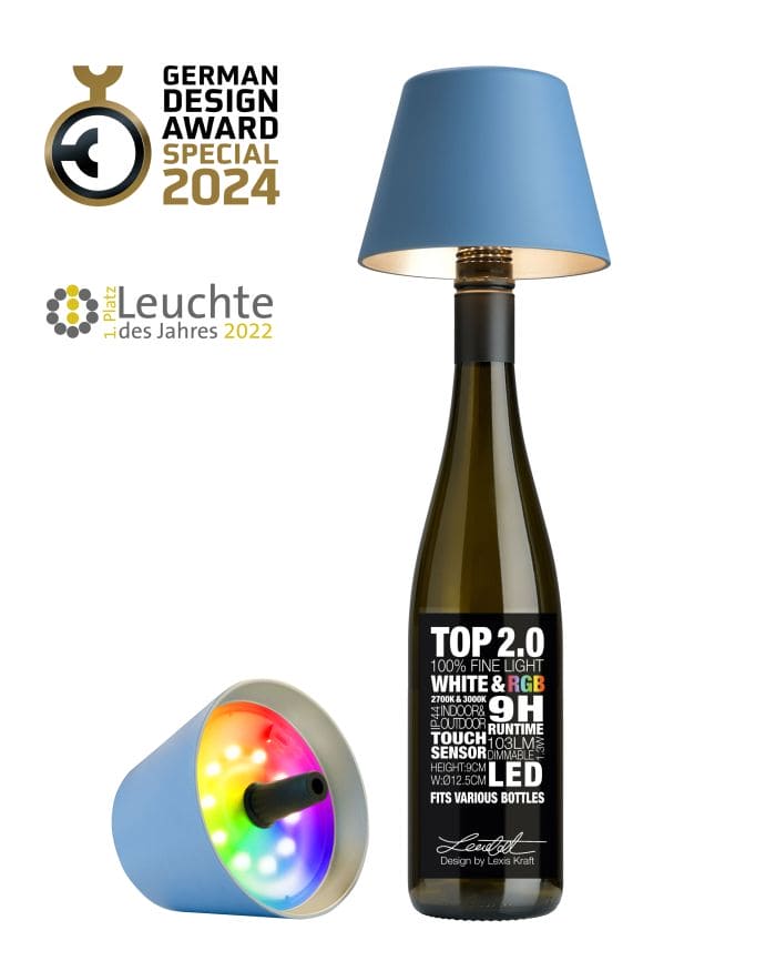 TOP 2.0 - Blau, RGBW-Akku-Flaschenleuchte