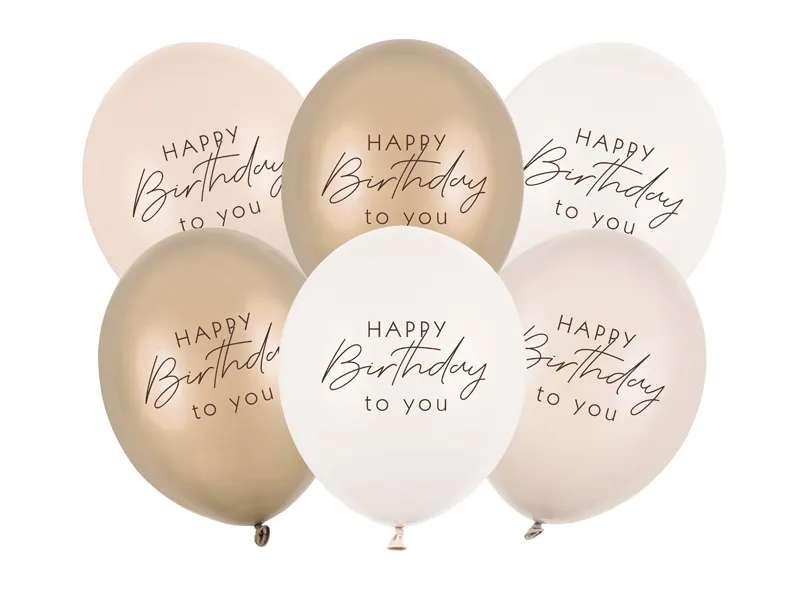 6 Motivballons - Ø 30cm - Happy Birthday - Beige Mix