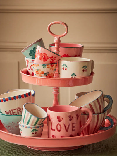 Keramik Cappuccino Tasse - Crème - Hand-painted Cherries