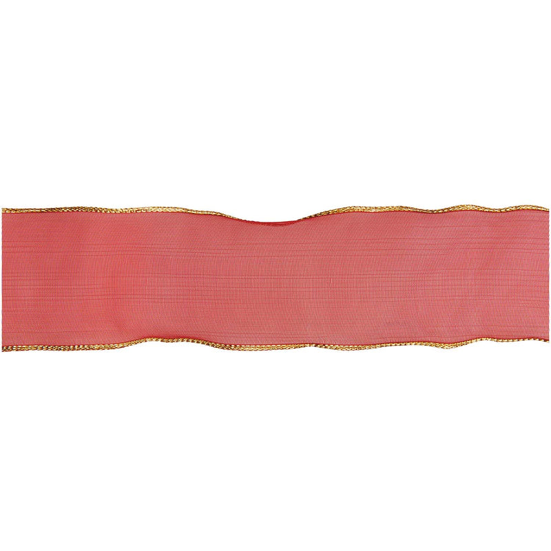 Organzaband mit Drahtkante, Rot/Gold, 38 mm x 3 m
