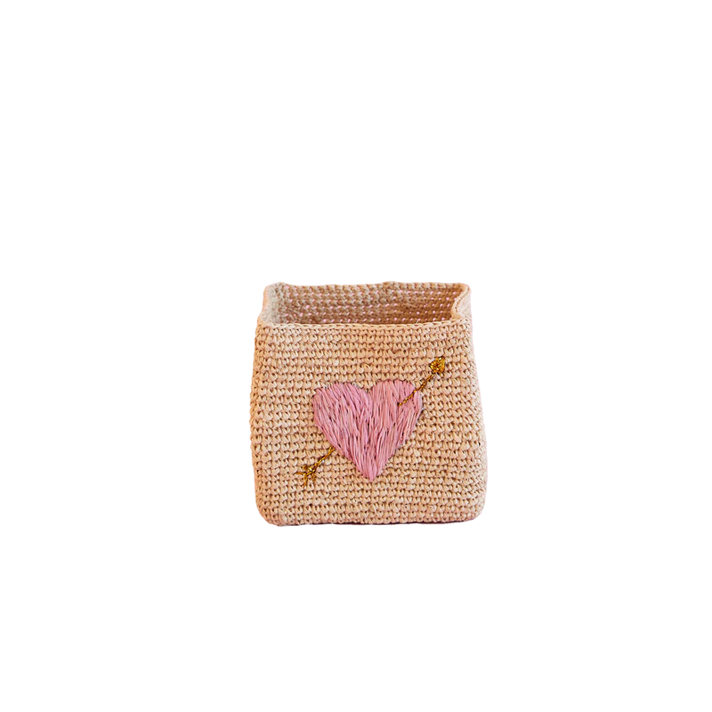 Kleine Quadratisch Raffia Aufbewahrungskorb - Natürlich - Pink Heart Embroidery