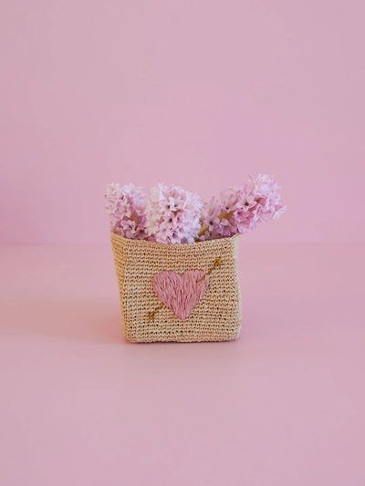 Kleine Quadratisch Raffia Aufbewahrungskorb - Natürlich - Pink Heart Embroidery