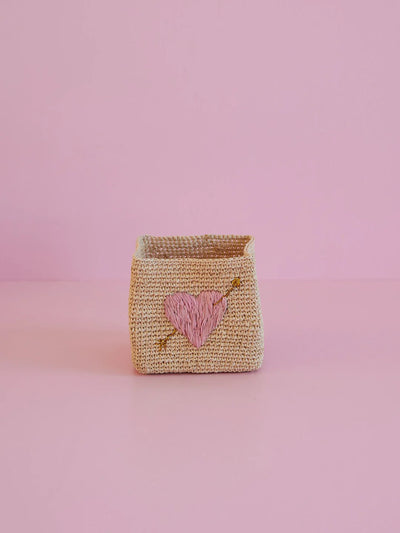 Kleine Quadratisch Raffia Aufbewahrungskorb - Natürlich - Pink Heart Embroidery