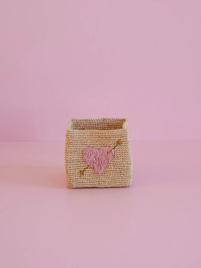 Kleine Quadratisch Raffia Aufbewahrungskorb - Natürlich - Pink Heart Embroidery