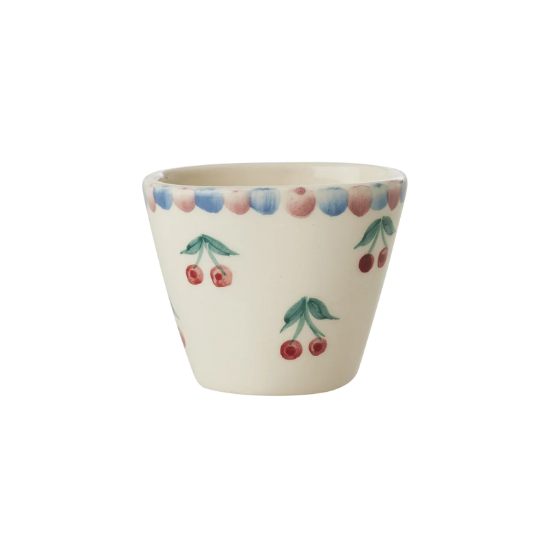 Extra klein Oval Keramik Espressobecher - Crème - Hand-painted Cherries