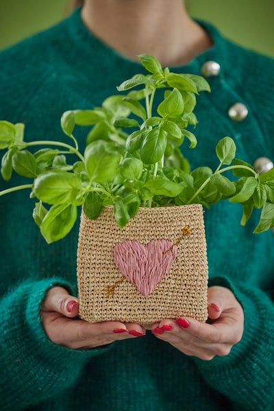 Kleine Quadratisch Raffia Aufbewahrungskorb - Natürlich - Pink Heart Embroidery