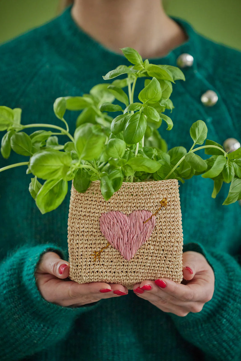 Kleine Quadratisch Raffia Aufbewahrungskorb - Natürlich - Pink Heart Embroidery