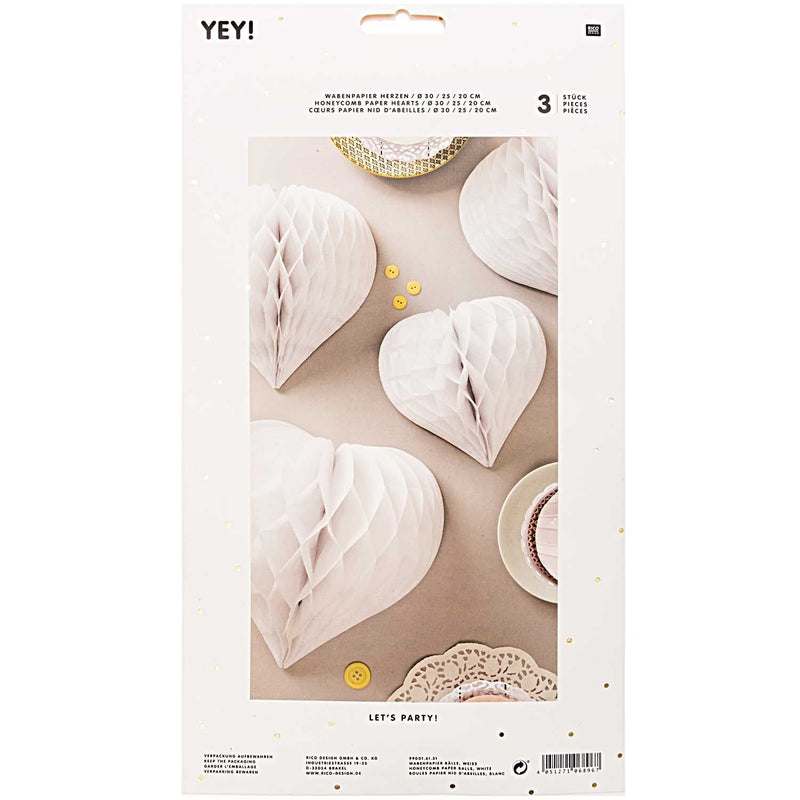 WABENPAPIE HERZEN,WEIS, FSC MIX 3 STK, 30 CM / 25 CM / 20 CM