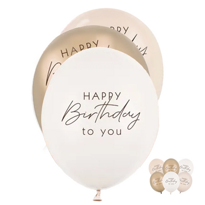6 Motivballons - Ø 30cm - Happy Birthday - Beige Mix