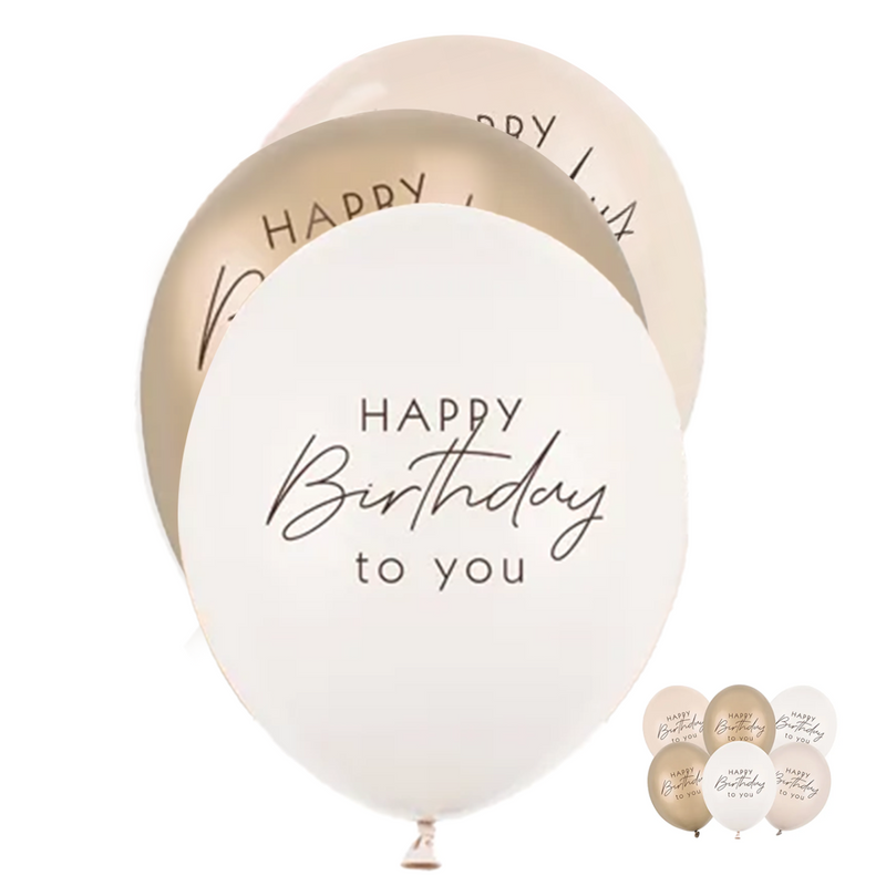 6 Motivballons - Ø 30cm - Happy Birthday - Beige Mix