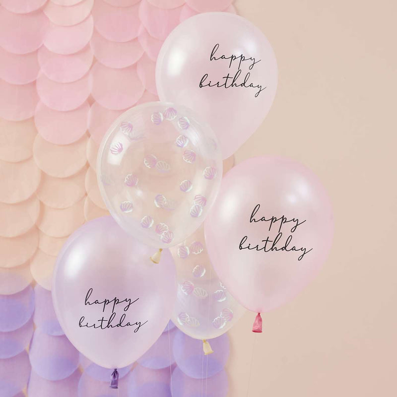 5 Balloon Bundle - Shell Confetti and Happy Birthday Printed Chrome Balloons with Tissue Tassel Tail