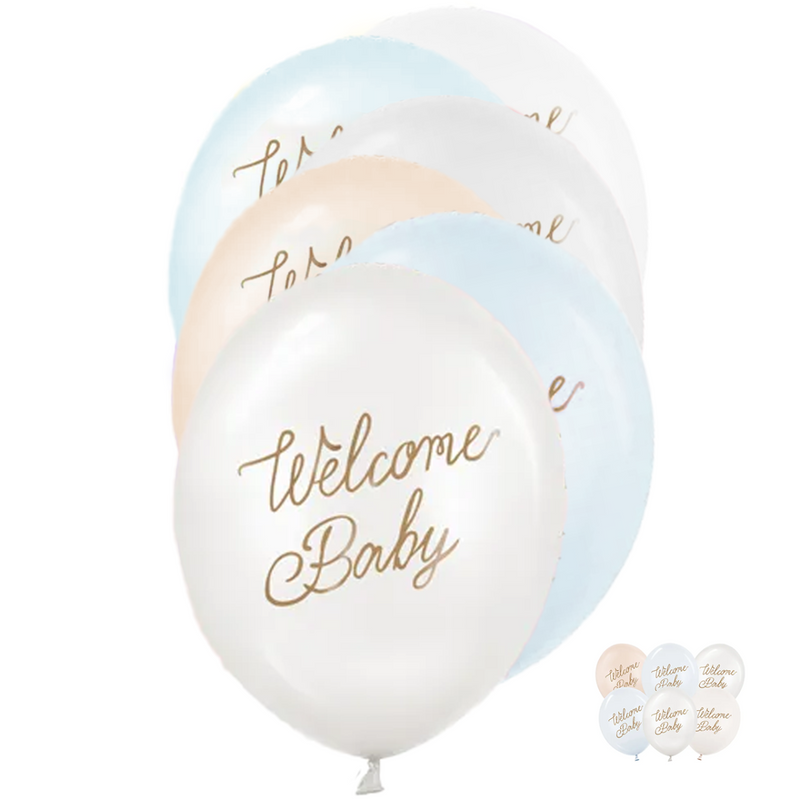 6 Motivballons - Ø 30cm - Welcome Baby - Blau Mix