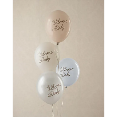6 Motivballons - Ø 30cm - Welcome Baby - Blau Mix