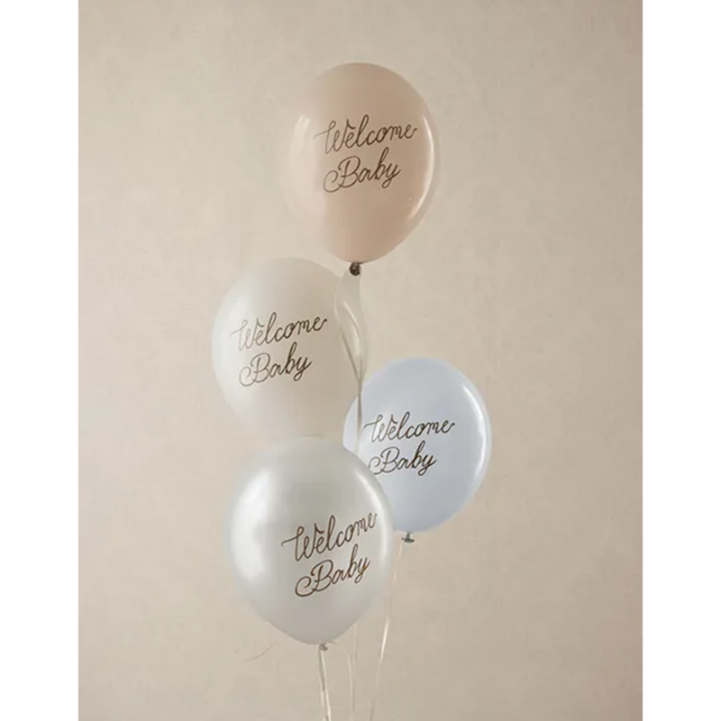 6 Motivballons - Ø 30cm - Welcome Baby - Blau Mix