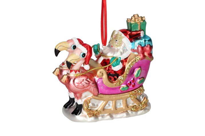 Hänger Santa mit Schlitten und Flamingos, mehrfarbig