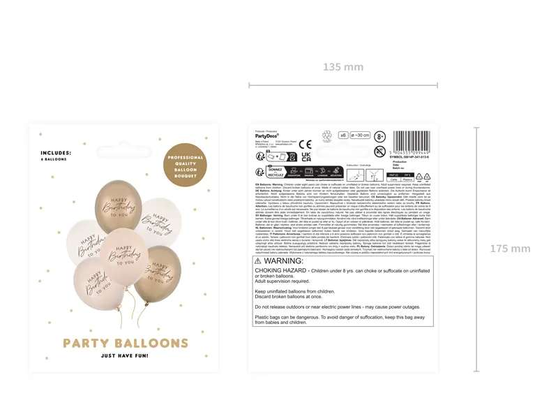 6 Motivballons - Ø 30cm - Happy Birthday - Beige Mix