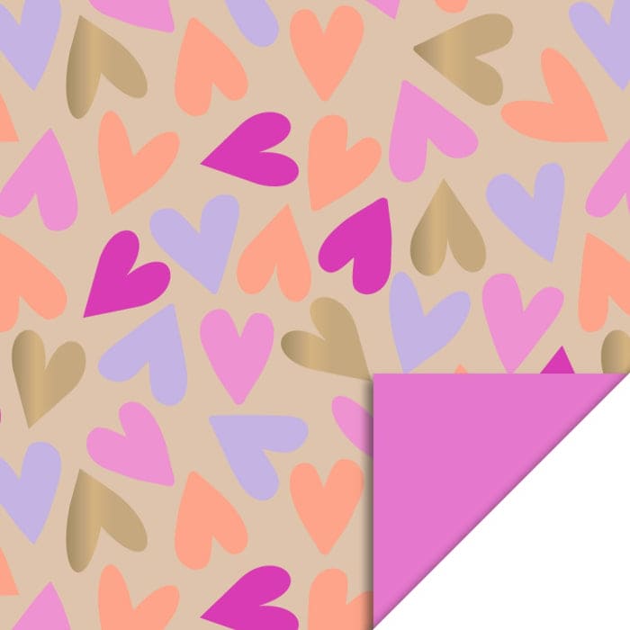 Geschenkpapier "Big Hearts Gold - Bright Pink" (70 cm x 3 m)