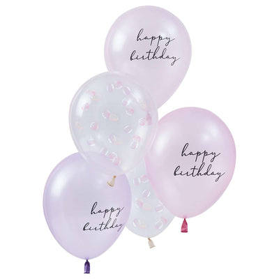 5 Balloon Bundle - Shell Confetti and Happy Birthday Printed Chrome Balloons with Tissue Tassel Tail