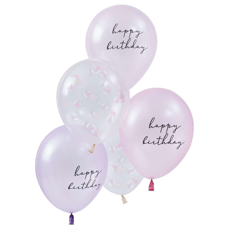 5 Balloon Bundle - Shell Confetti and Happy Birthday Printed Chrome Balloons with Tissue Tassel Tail