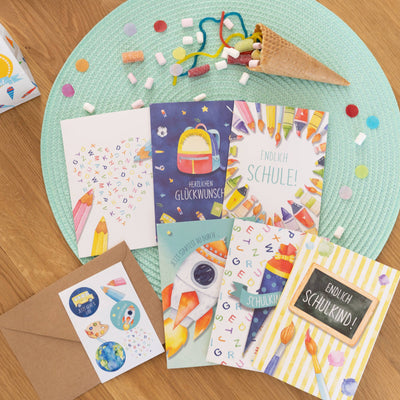 Papierdrachen - 6 Klappkarten zur Einschulung - Set 3