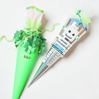 Schultüte mit Tüllverschluss, 70 cm, Neon Grün, FSC Recycled