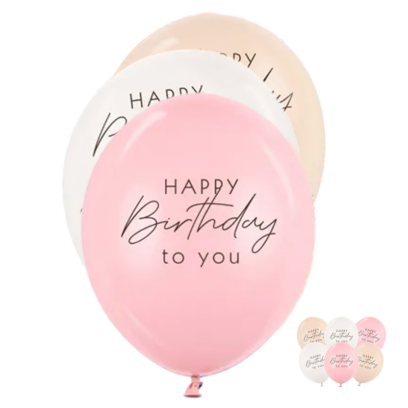 6 Motivballons - Ø 30cm - Happy Birthday - Rosa Mix
