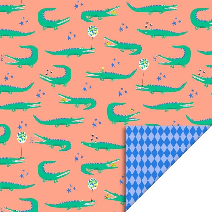 Geschenkpapier "Crocodile Salmon - Harlequin Blue" (70 cm x 3 m)