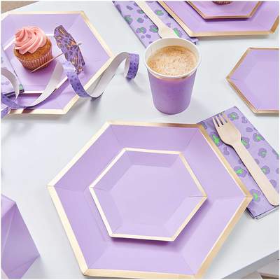 YEY! Let's Party Pappteller Sechseck flieder-gold 16x13,5cm 10 Stück