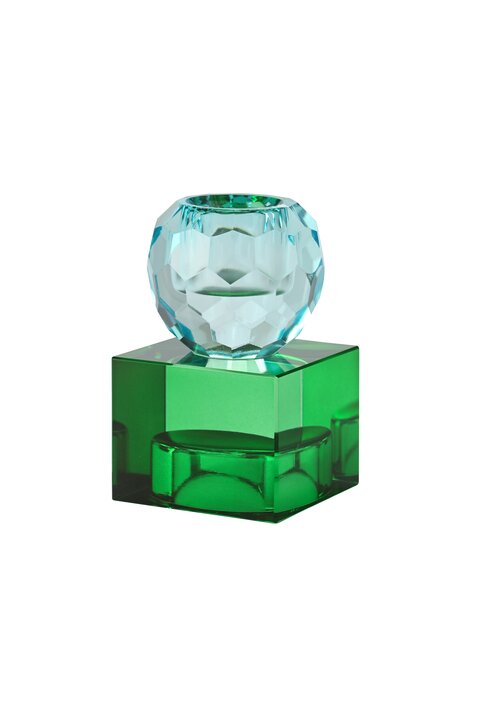 SARI, KRISTALLGLAS, KERZENHALTER/TEELICHTHALTER, KUGEL/CUBE, HELLBLAU/GRÜN, GS