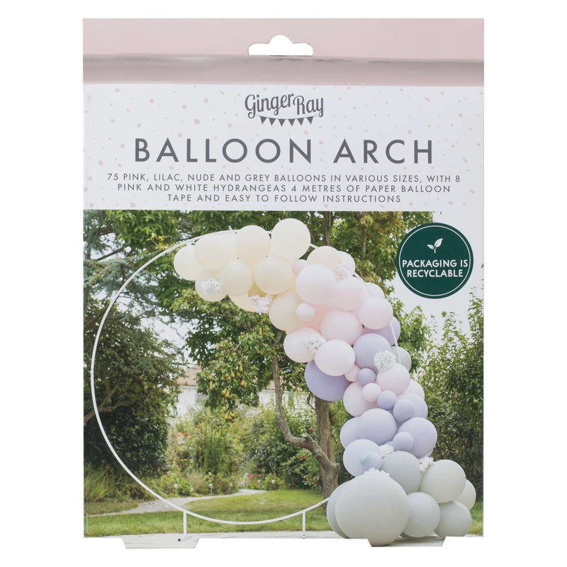 Luxe Pink, Lilac & Grey Balloon Arch with Hydrangeas