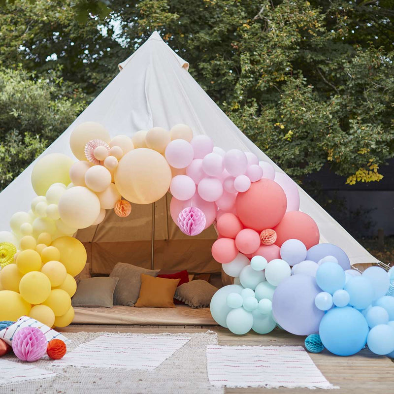 Luxe Bright Balloon Arch with Paper Honeycombs