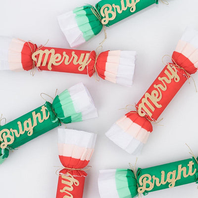 Merry & Bright Christmas Crepe No-Snap Crackers (x 6)