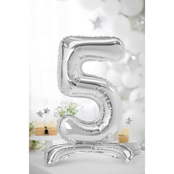 Ballon mit Standfuß XL - Zahl 5 - Silber | Boutique Ballooons