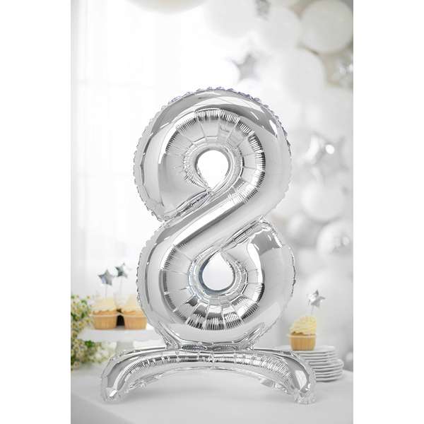 Ballon mit Standfuß XL - Zahl 8 - Silber | Boutique Ballooons