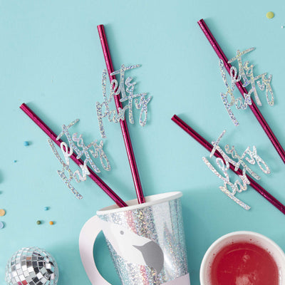 Hot Pink Foiled Lets Party Paper Straws - Good Vibes