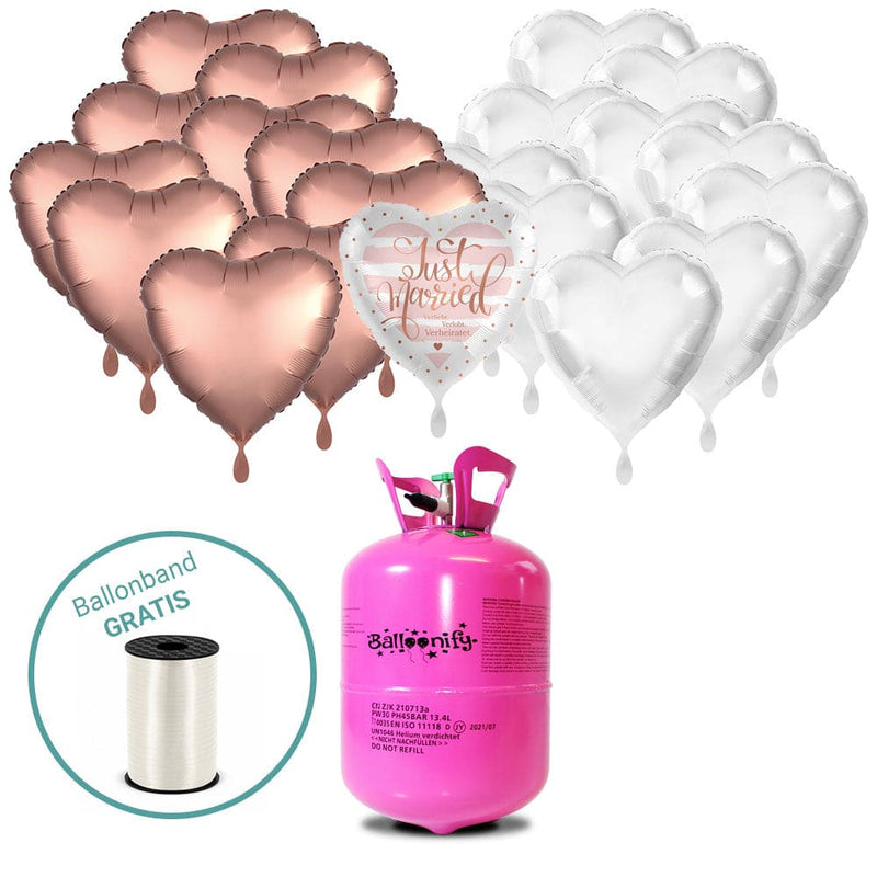 Ballonhelium inklusive 21 Folienballons - Rosegold, Weiß und ein Motivballon inklusive Band | Boutique Ballooons