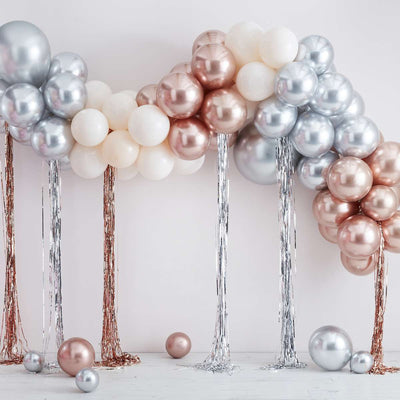 Mixed Metallics Balloon Arch With Streamers | Boutique Ballooons