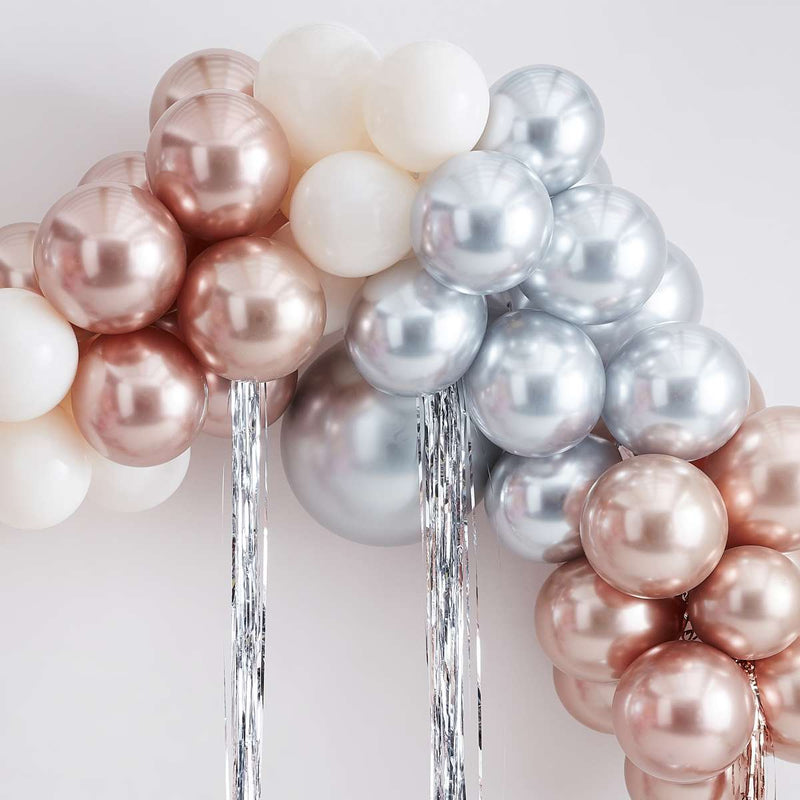 Mixed Metallics Balloon Arch With Streamers | Boutique Ballooons