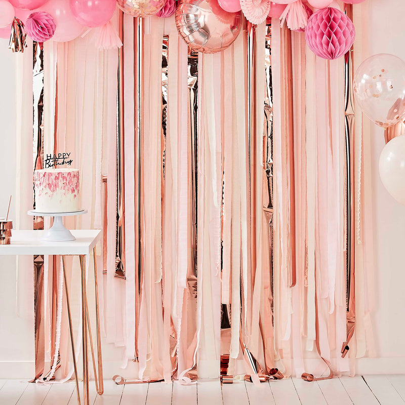Pink And Rose Gold Party Streamers Backdrop